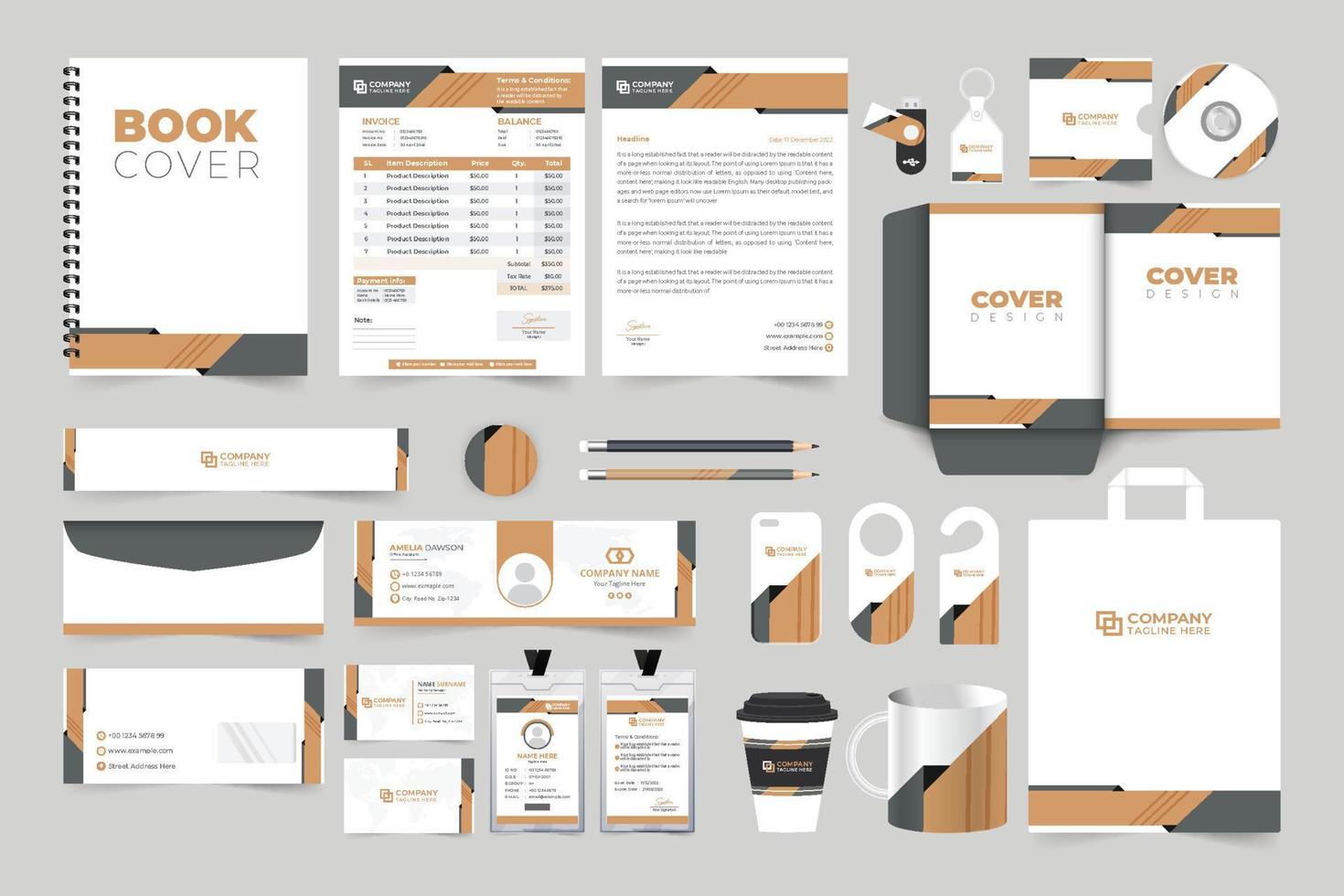 Corporate brand identity template collection with dark and coffee colors. Modern business promotional web banner and stationery set design. Company brand advertisement template bundle for marketing. vector
