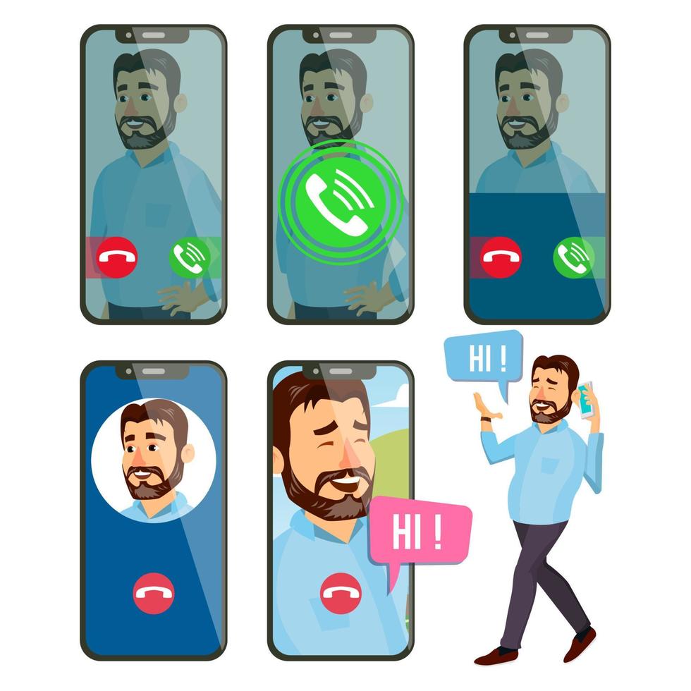 vector de llamada en línea. cara de hombre pantalla de teléfono inteligente móvil. video, chat de voz en línea. discurso. interfaz de la aplicación de llamada. aplicación de chat en línea. comunicación. conversación inalámbrica. ilustración