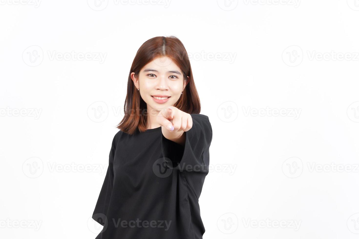 Smiling and Pointing at you, Choosing you Of Beautiful Asian Woman Isolated On White Background photo