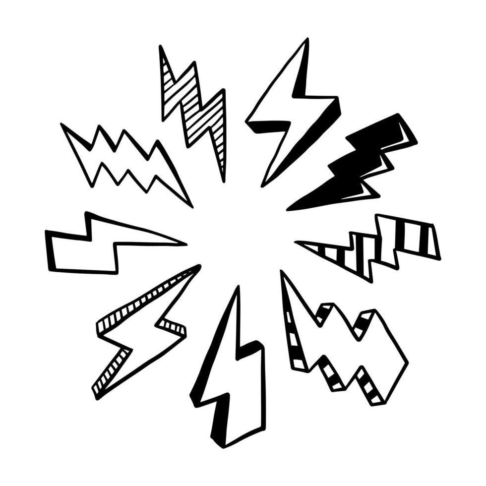 set of hand drawn vector doodle electric lightning bolt symbol sketch illustrations. thunder, vector ilustration
