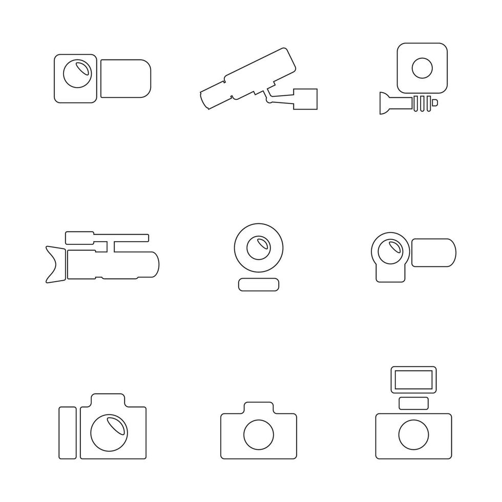 cameras and video cameras simple black linear icons set vector