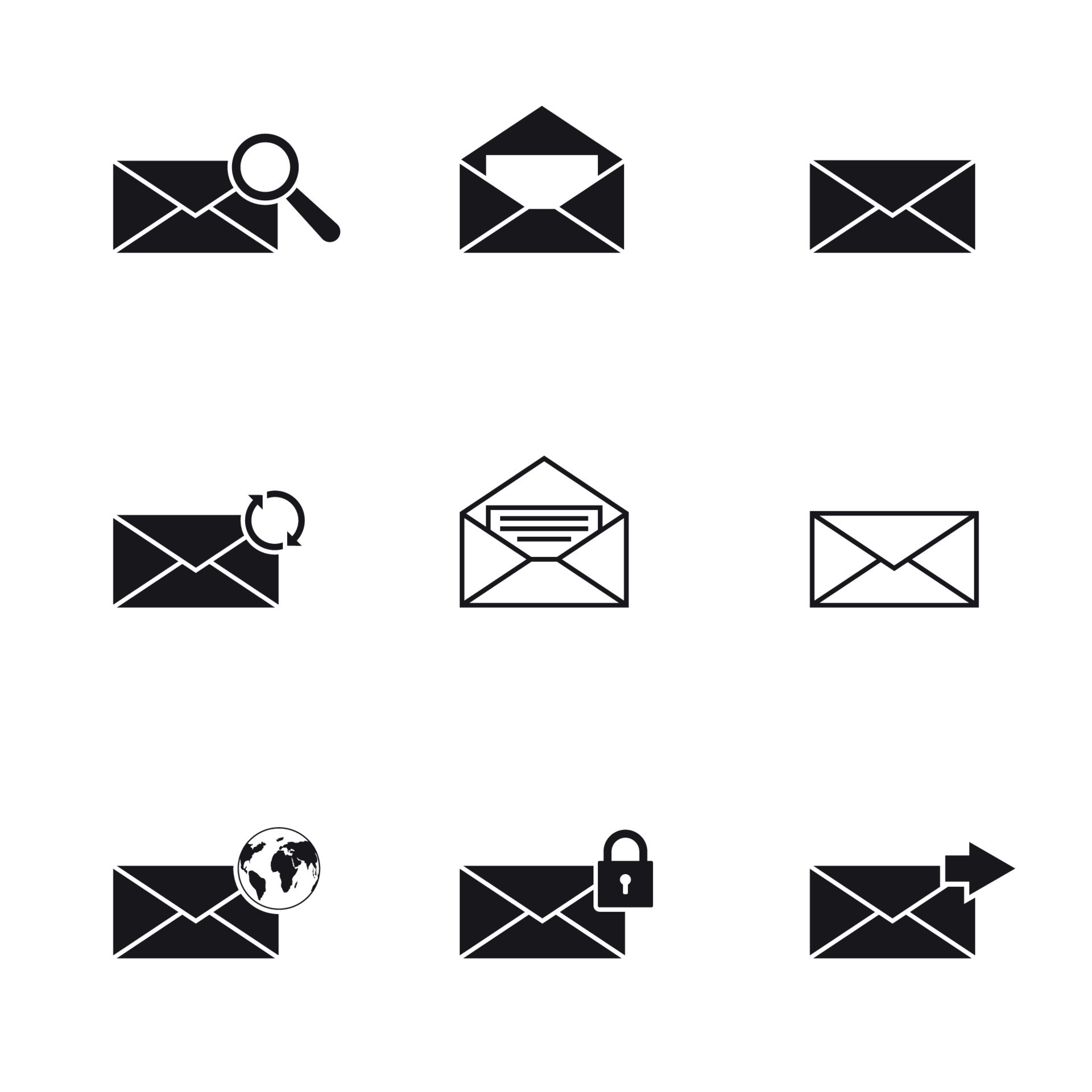 Black isolated email icons set 17545613 Vector Art at Vecteezy