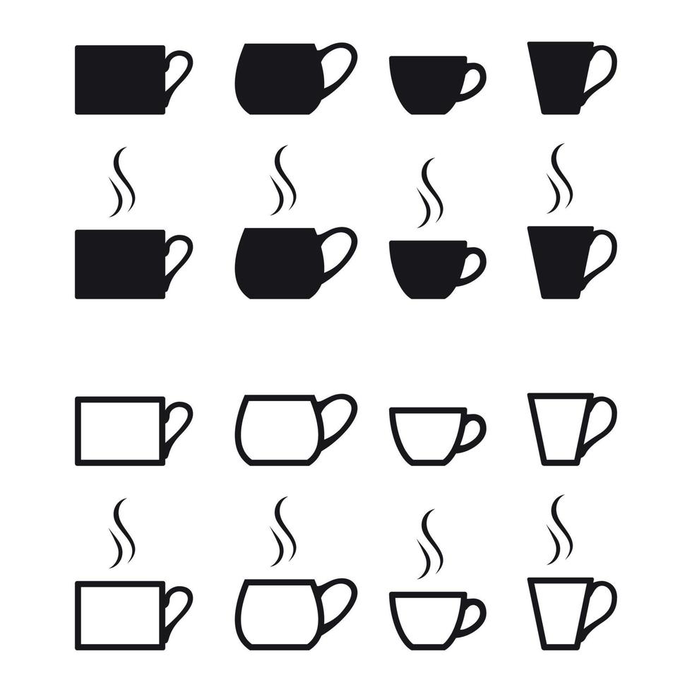 cups of tea coffee black silhouette icons set vector