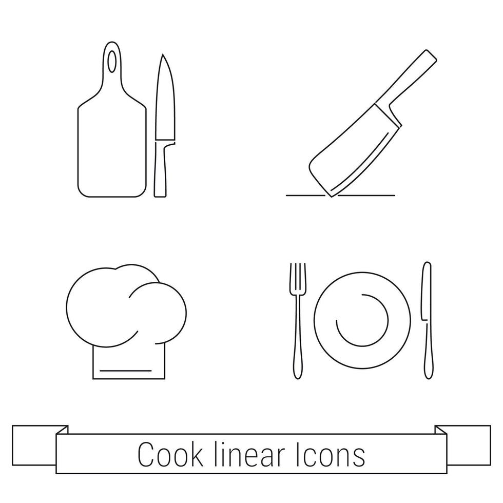 chef herramientas de cocina iconos negros lineales vector