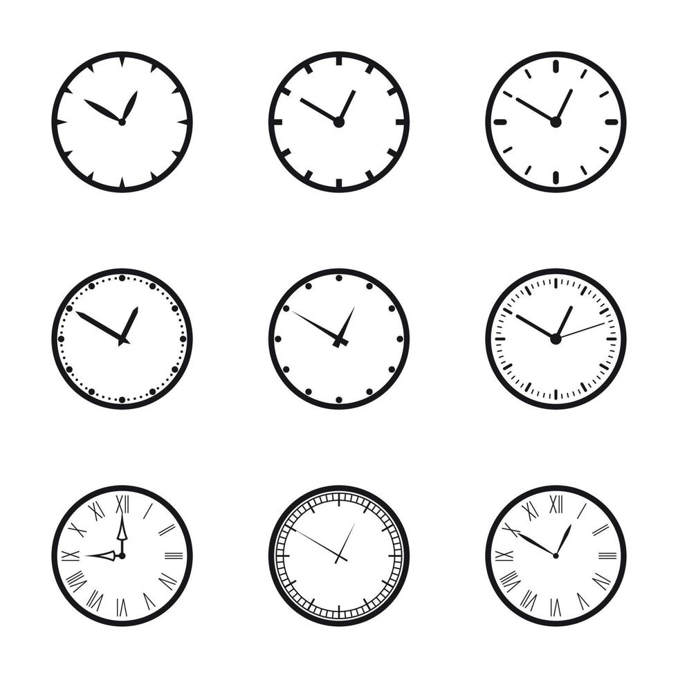 conjunto de iconos negros de silueta en un reloj temático vector