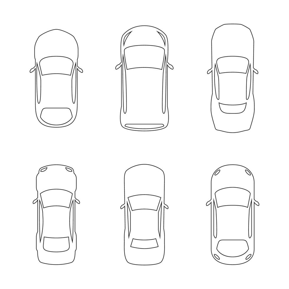 set of top view car silhouettes linear illustration vector