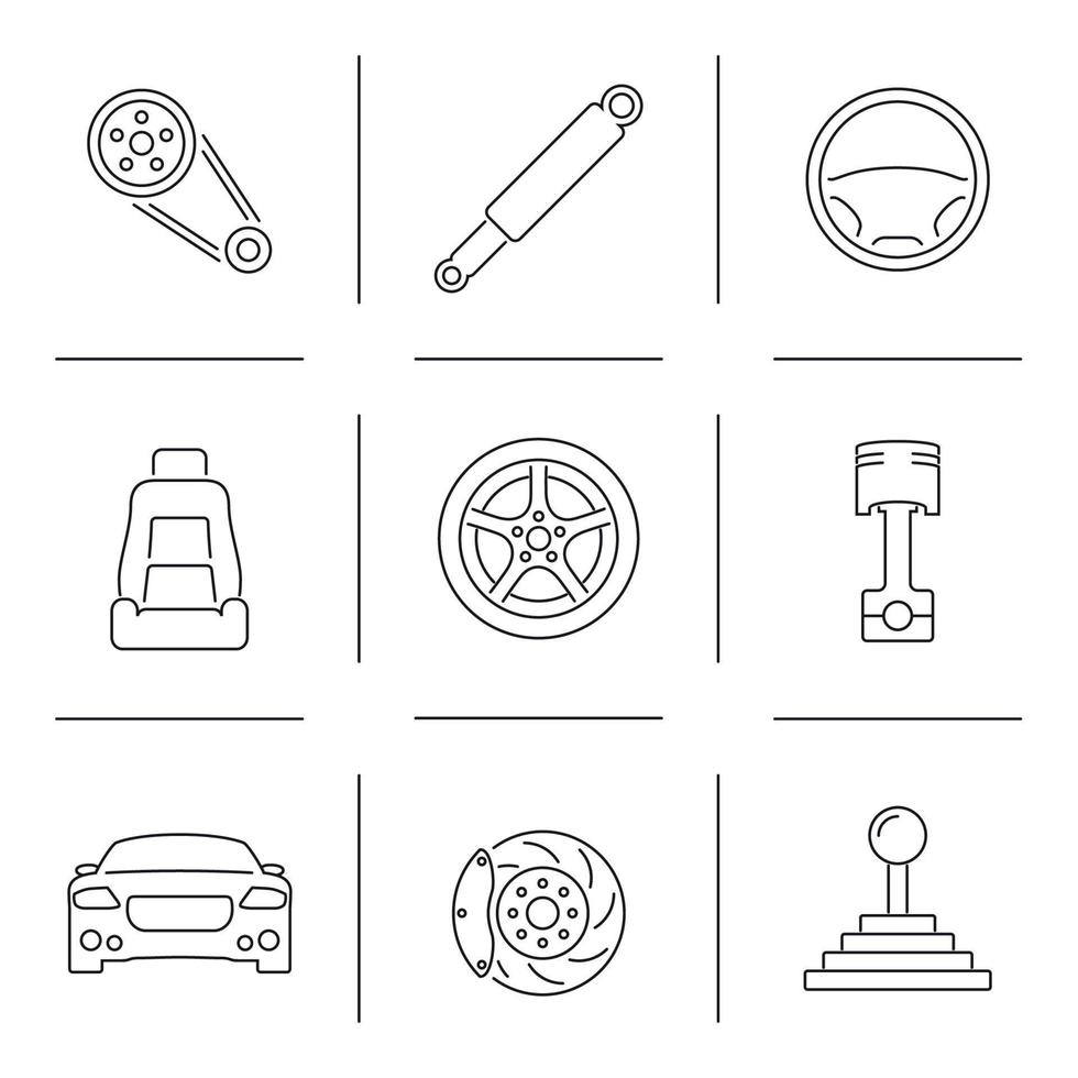 Nine car parts Outline web icons set vector