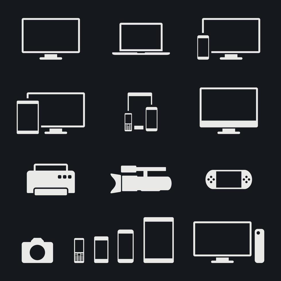Communication device - smartphone, computer electronics icons on black background vector