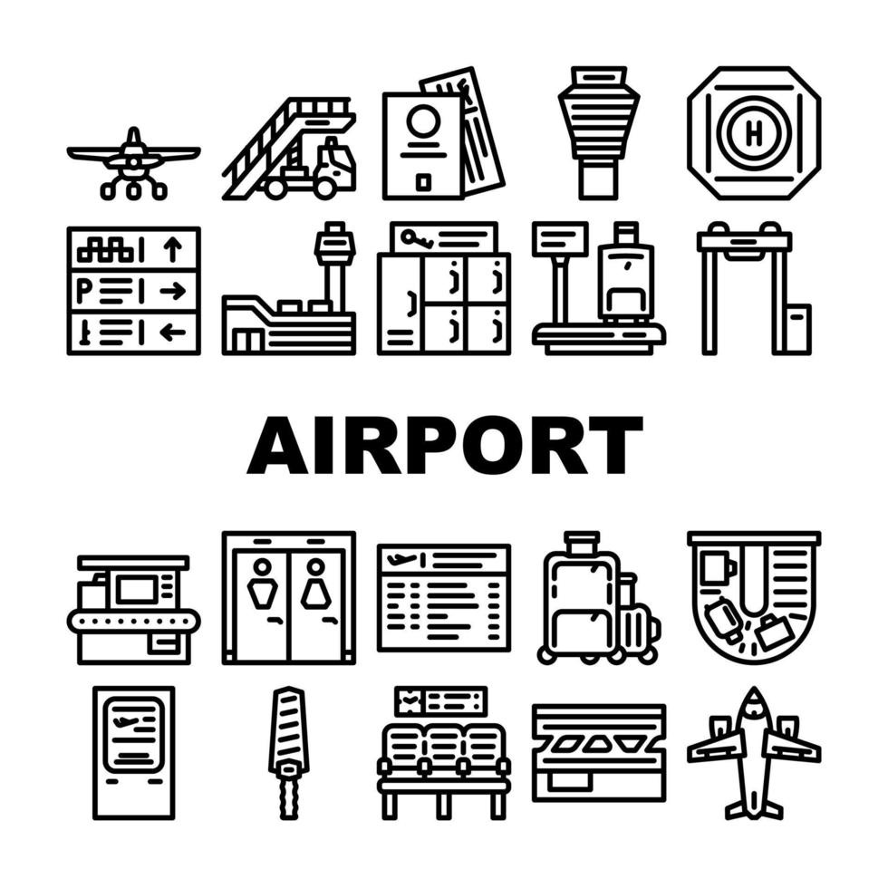 aeropuerto, equipo electrónico, iconos, conjunto, vector