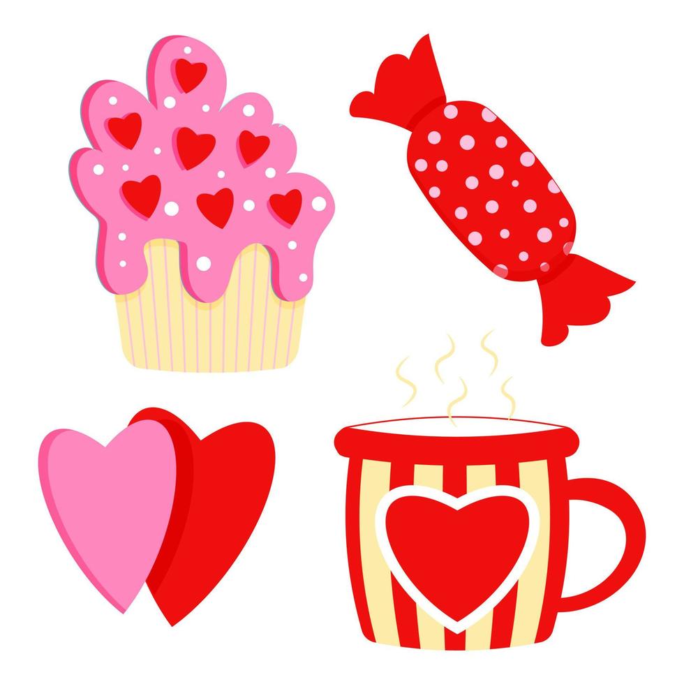 Saint Valentine s day vector set. Pancake, sweet, mug with heart, 2 hearts. All elements are isolated