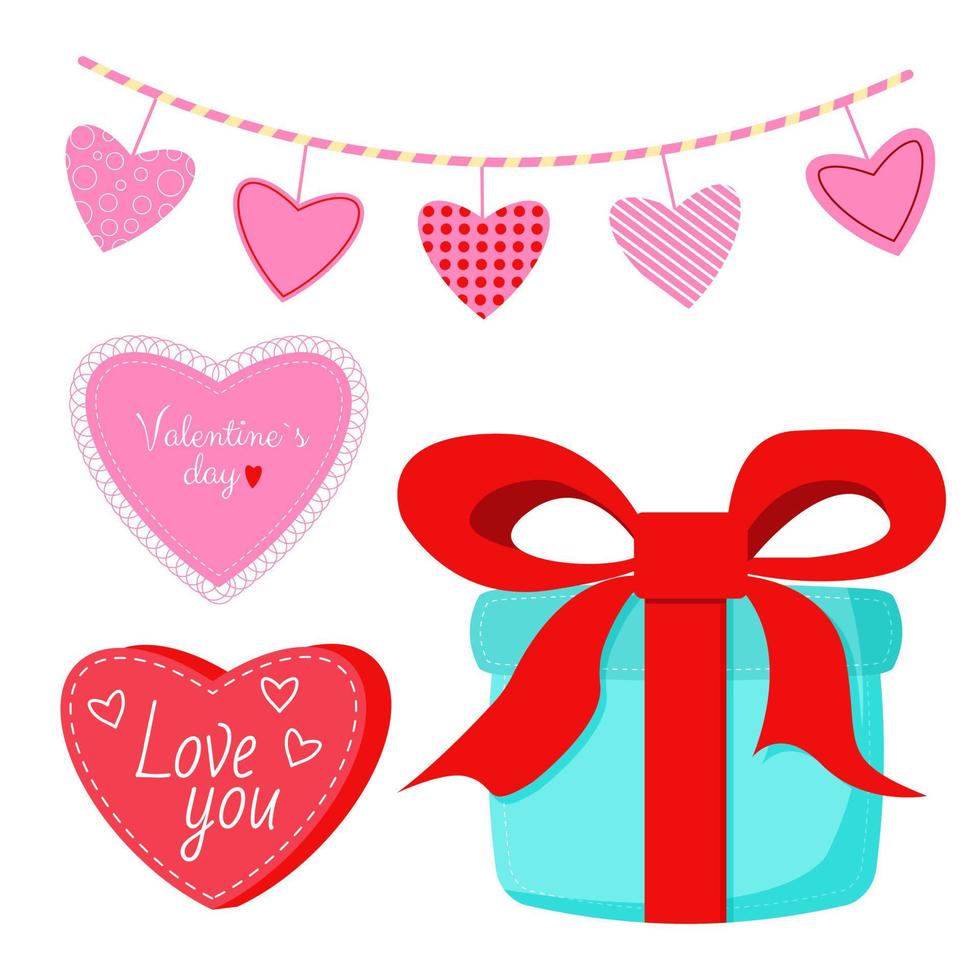 Saint Valentine s day vector set. Gift box, hearts. Vector