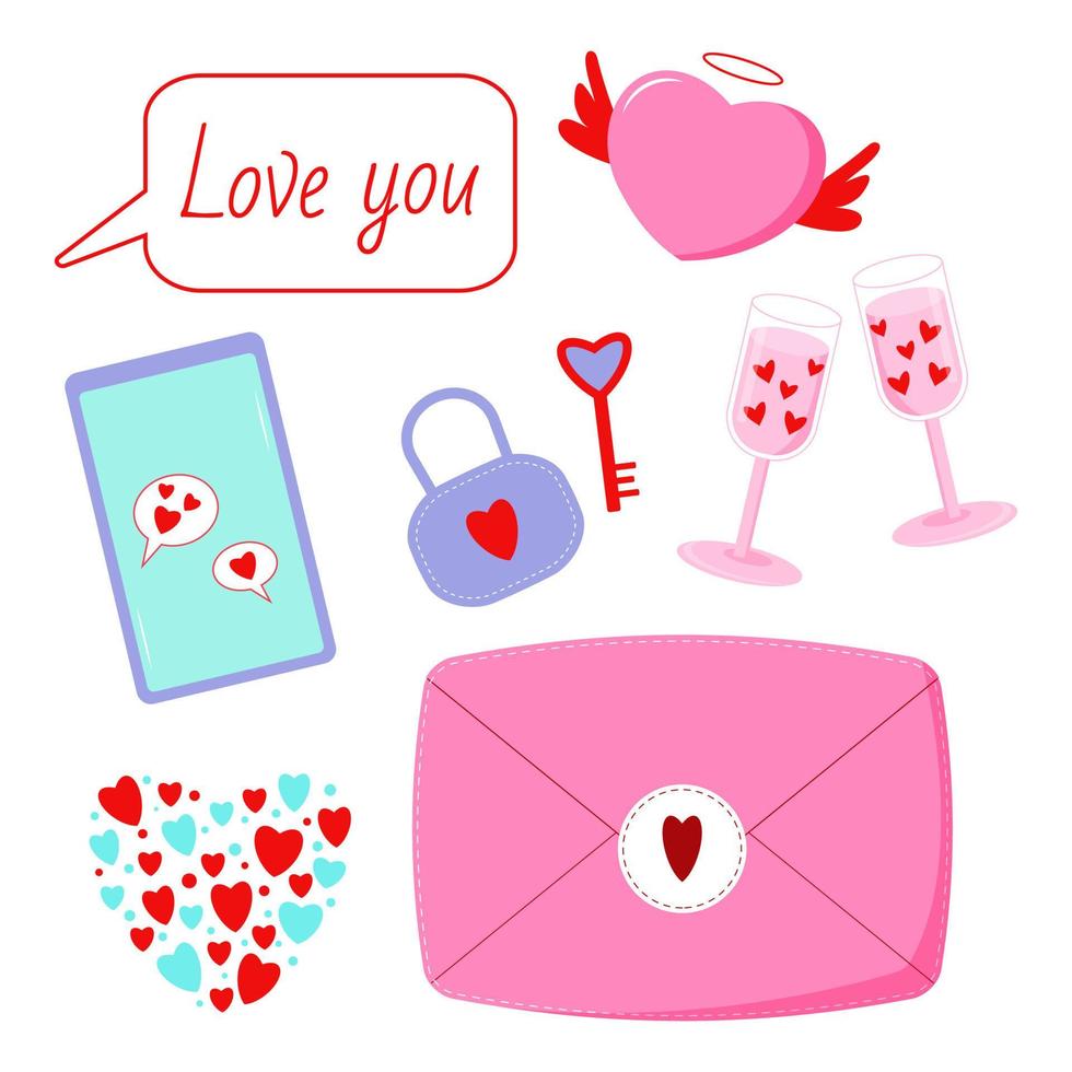 conjunto de vectores del día de san valentín. sobre, corazón de ángel, candado con llave, teléfono con corazones, gafas con corazones, texto te amo. todos los elementos están aislados