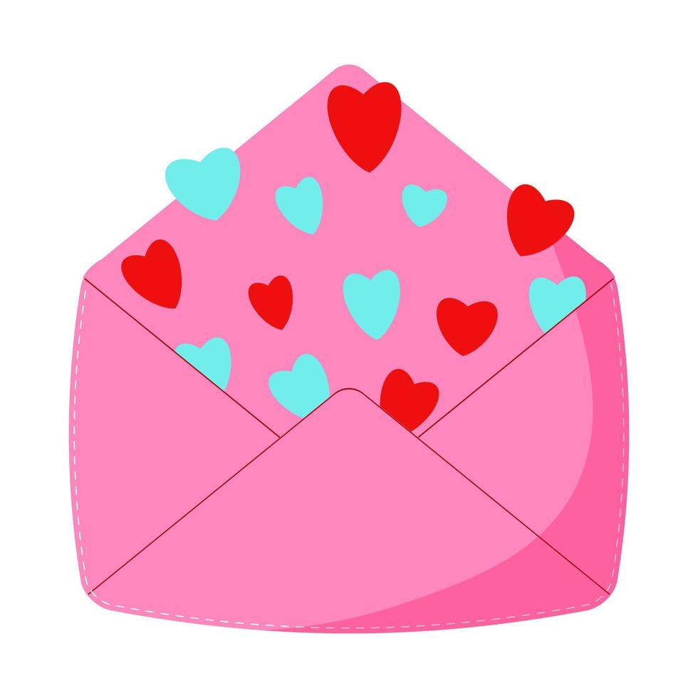 Pink Vector envelope. Illustration of the opened envelope with hearts. Icon of envelope.