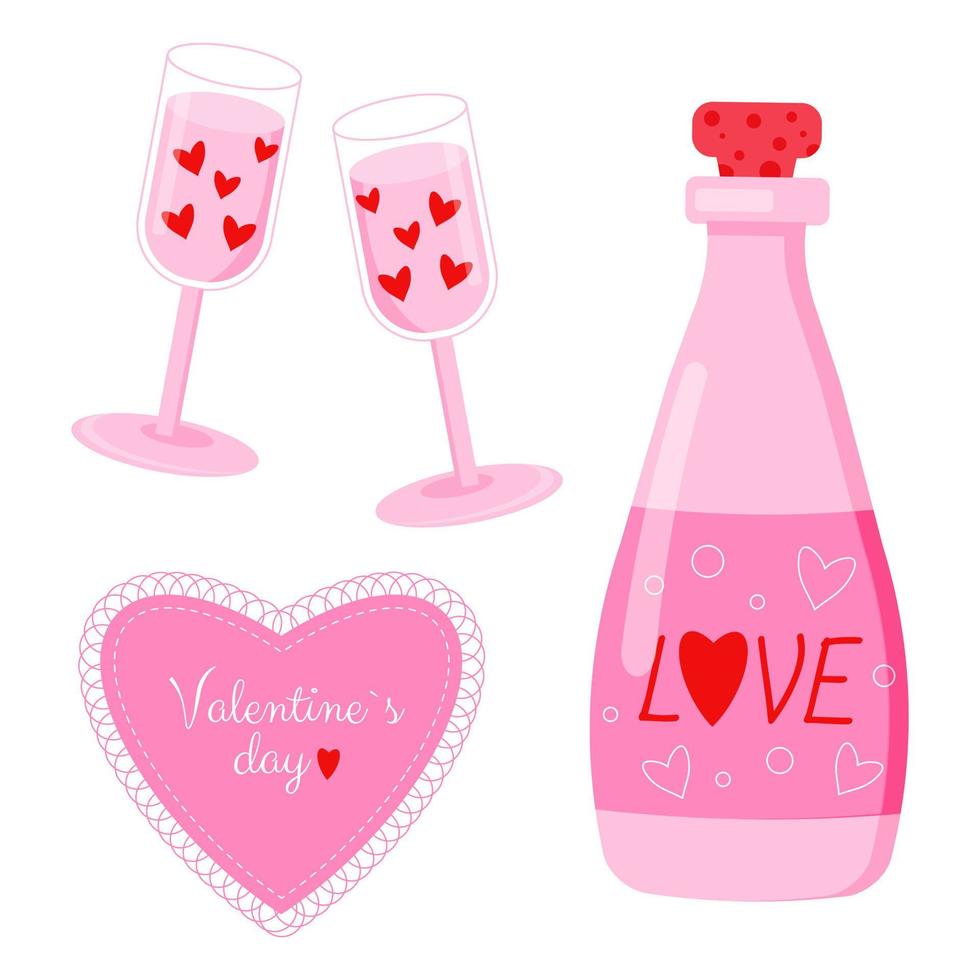 conjunto de vectores del día de san valentín. corazón, botella de champán, copas con corazones. todos los elementos están aislados