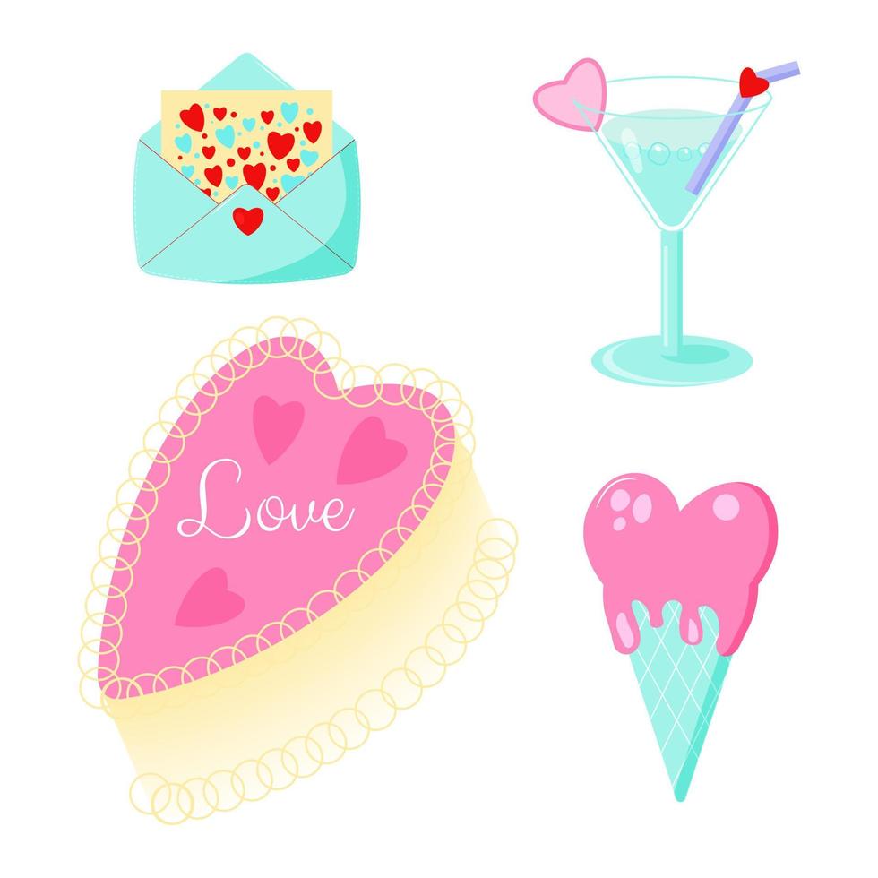 Saint Valentine s day vector set. Envelope with hearts, martini, cake and icecream. All elements are isolated