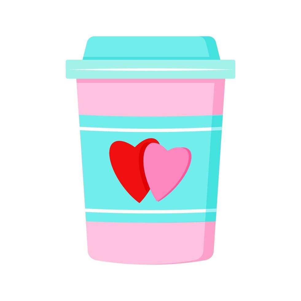Vector pink cup of coffee or tea cups with two hearts. Colorful art design for printing greeting card, invitation, poster, cafe menu