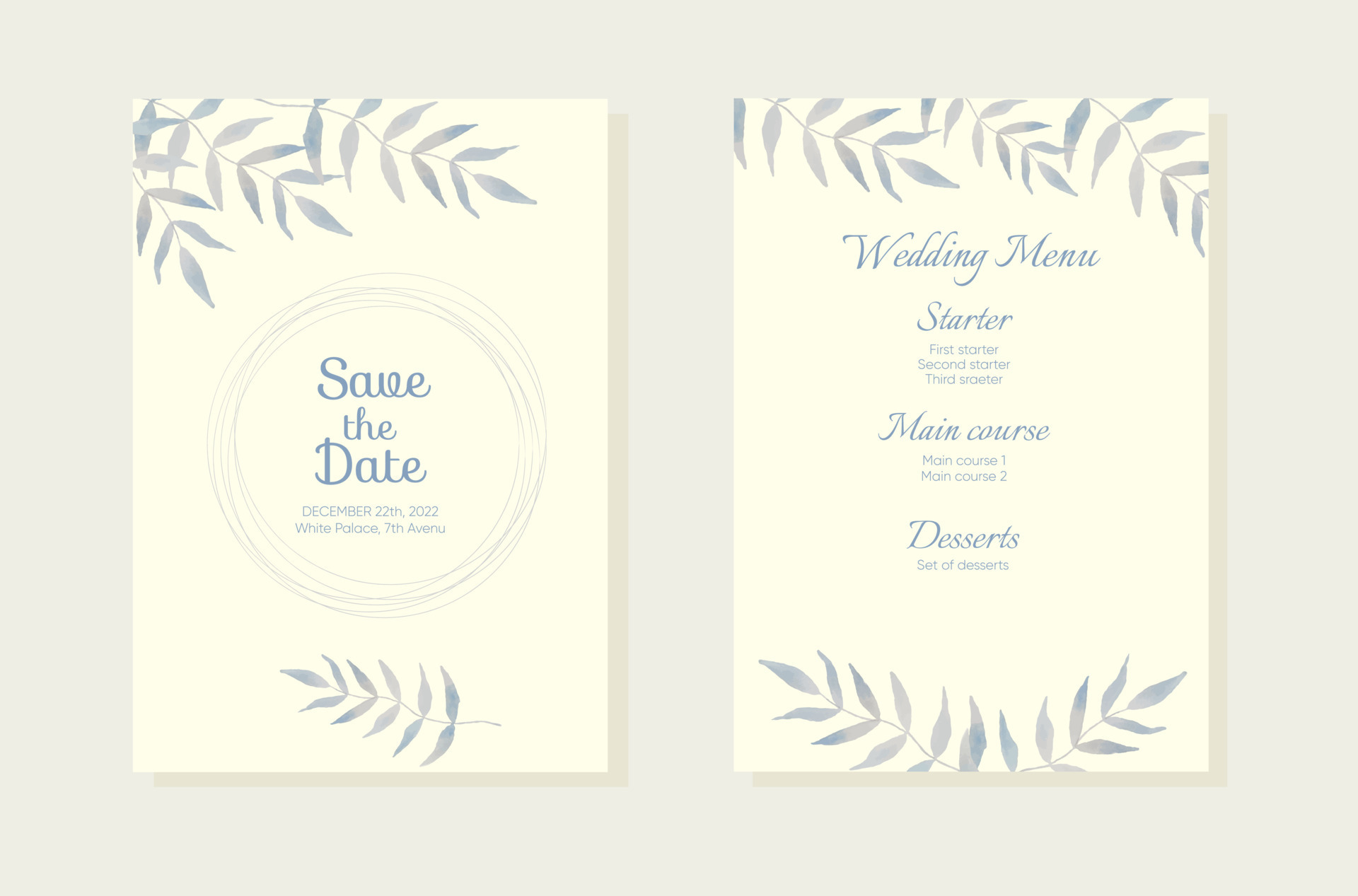 Wedding invitation card background with light blue watercolor botanical