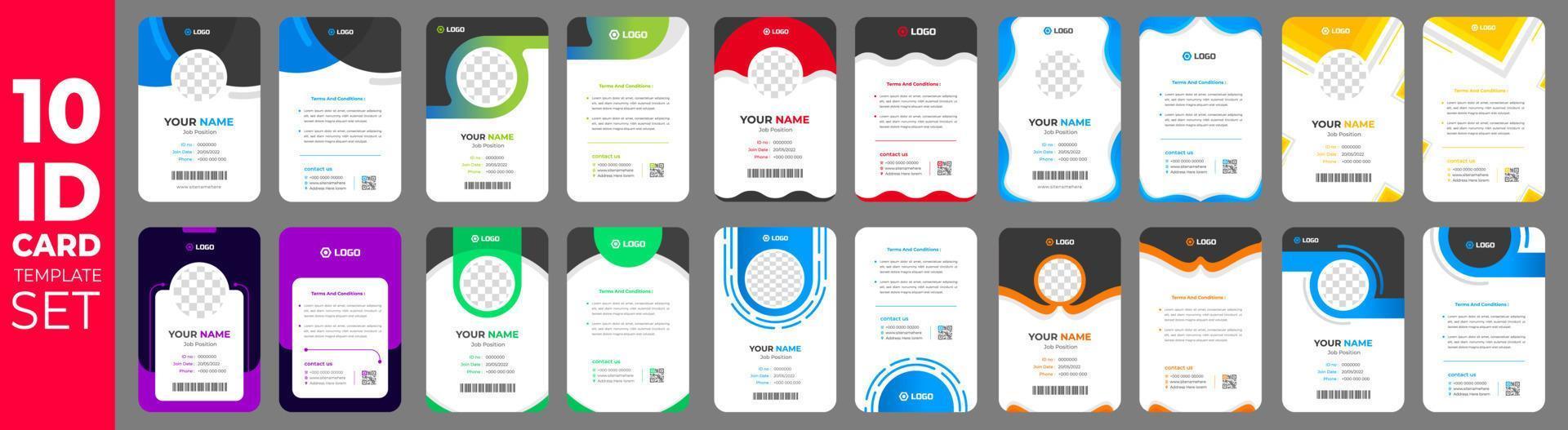 set of 10 Mega collection corporate business id card design template. business id card. id card bundle. Company employee id card set template. vector