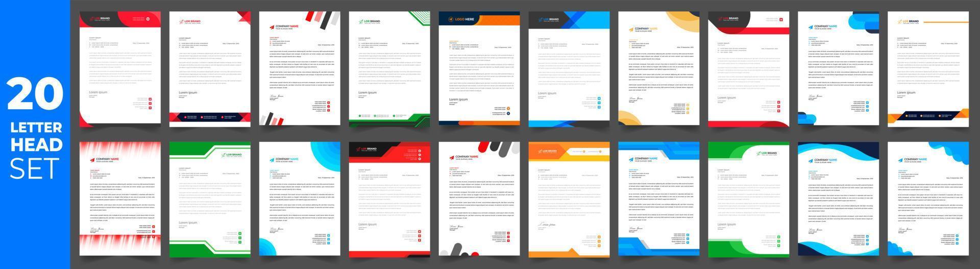 set of 20 Letterhead Bundle mega collection, Letterhead template set,  Corporate business letter head design template set with unique shape. business letterhead bundle. vector