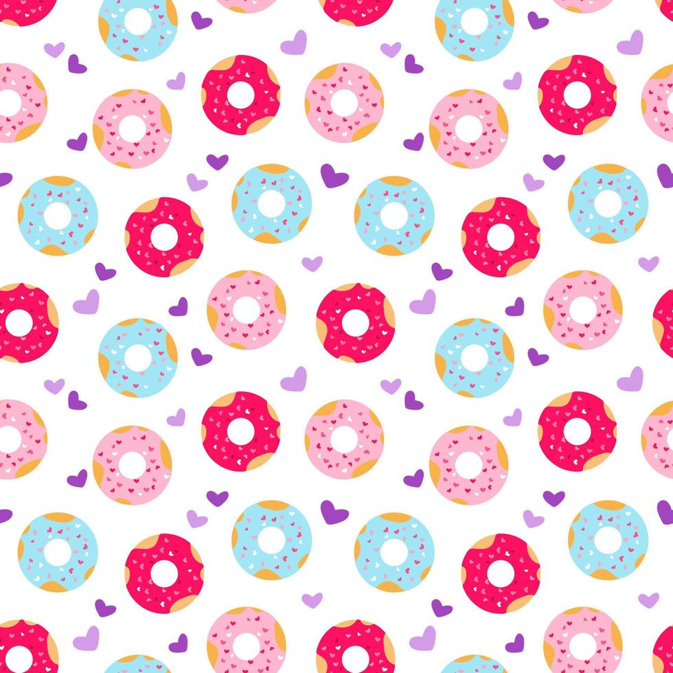 Donuts with hearts sprinkling seamless pattern. Food repeat vector illustration. Romantic design for Valentine's day, textile, wrapping paper, cafe stuff, birthday packaging, background