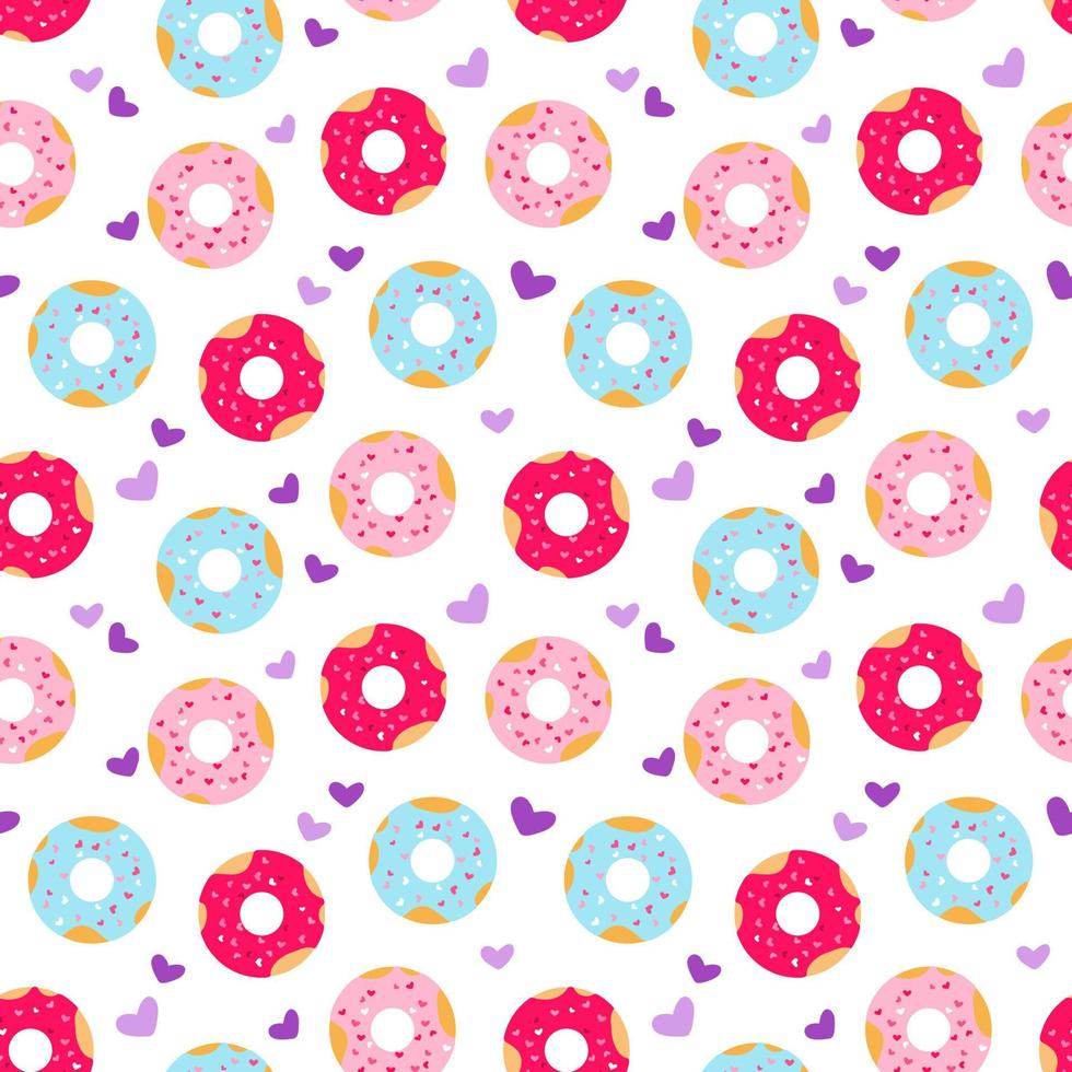 Donuts with hearts sprinkling seamless pattern. Food repeat vector illustration. Romantic design for Valentine's day, textile, wrapping paper, cafe stuff, birthday packaging, background