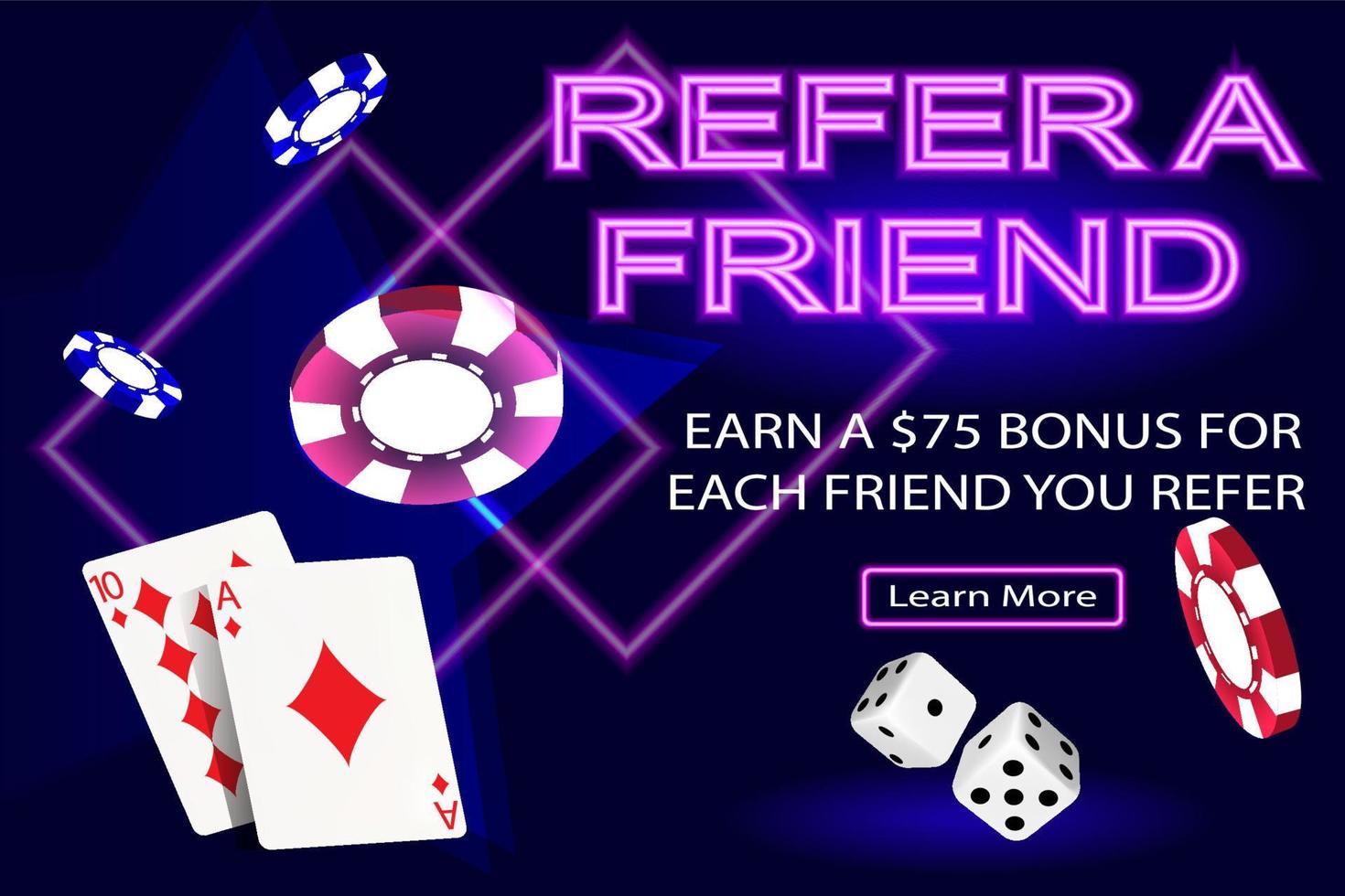 Casino online. banner con la promoción de recomendar a un amigo, dados, cartas y fichas sobre un fondo azul oscuro. el concepto de juego, casino en línea. imagen vectorial vector