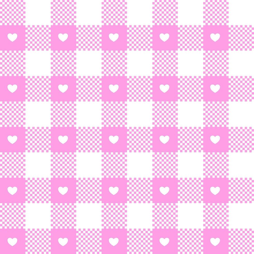 Gingham pattern for Valentines Day with white hearts in pink square shape. vector