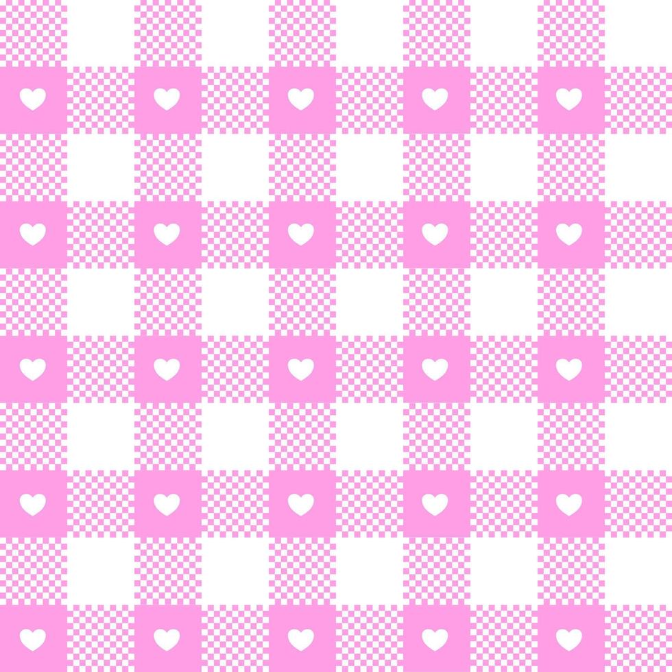 Gingham pattern for Valentines Day with white hearts in pink square shape. vector