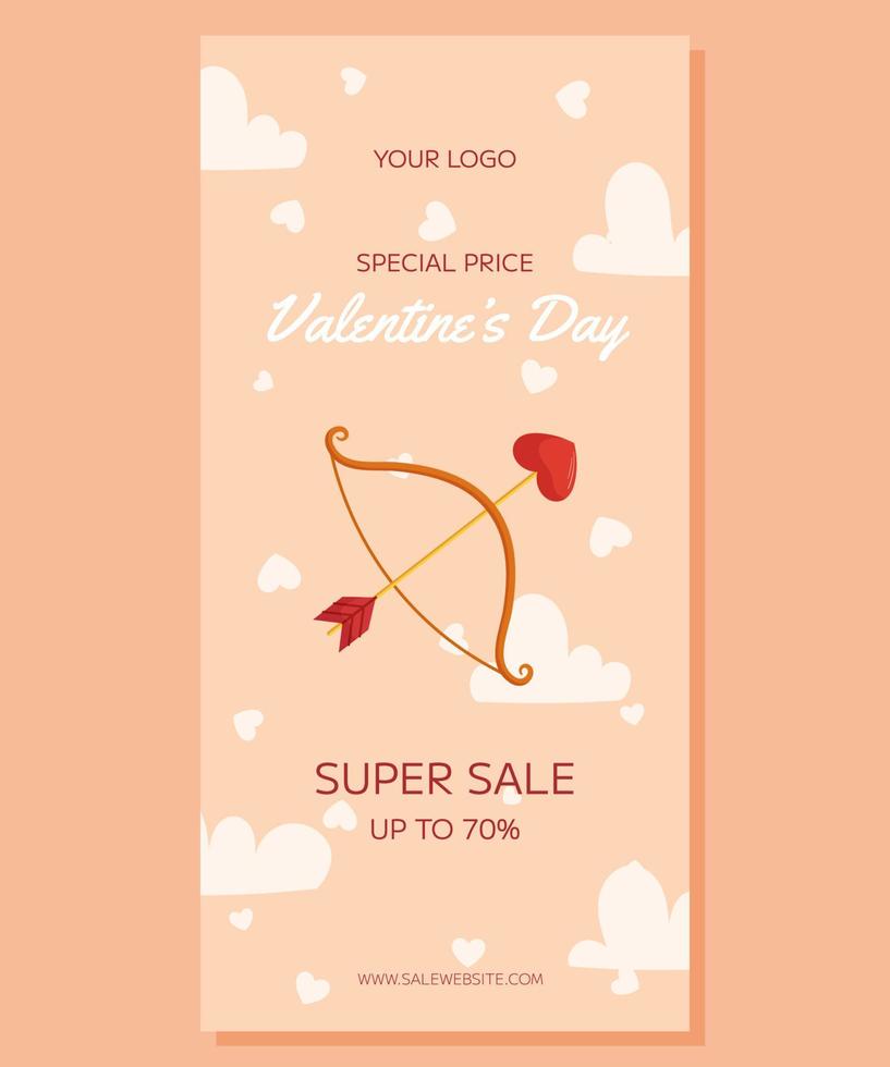 Valentine's Day vertical Super Sale banner template design. Bow and arrow with a heart-shaped arrowhead, clouds and heart around on beige back. Special Price concept online shopping vector