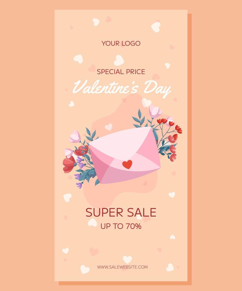 Valentine's Day vertical Super Sale banner template design. Pink closed envelop, red and pink flowers green leaves on beige backdrop. Special Price concept online shopping vector