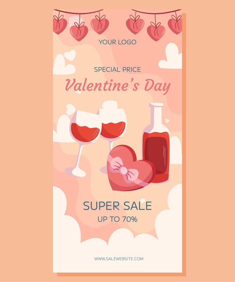 Valentine's Day vertical Super Sale banner template design. Bottle and two glass of wine, box with chocolatte in heart shape with ribbon, hearts garland on top. Special Price concept online shopping vector