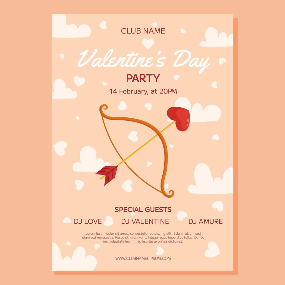 Valentine's Day Party poster template design. Bow and arrow with a heart-shaped arrowhead, clouds and heart around on beige back. Event invitation for club vector
