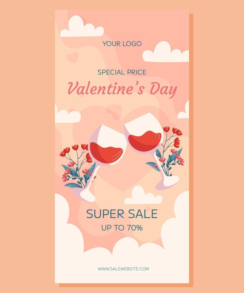 Valentine's Day vertical Super Sale banner template design. Two glass of wine with flowers behind it on beige back white clounds. Special Price concept online shopping vector