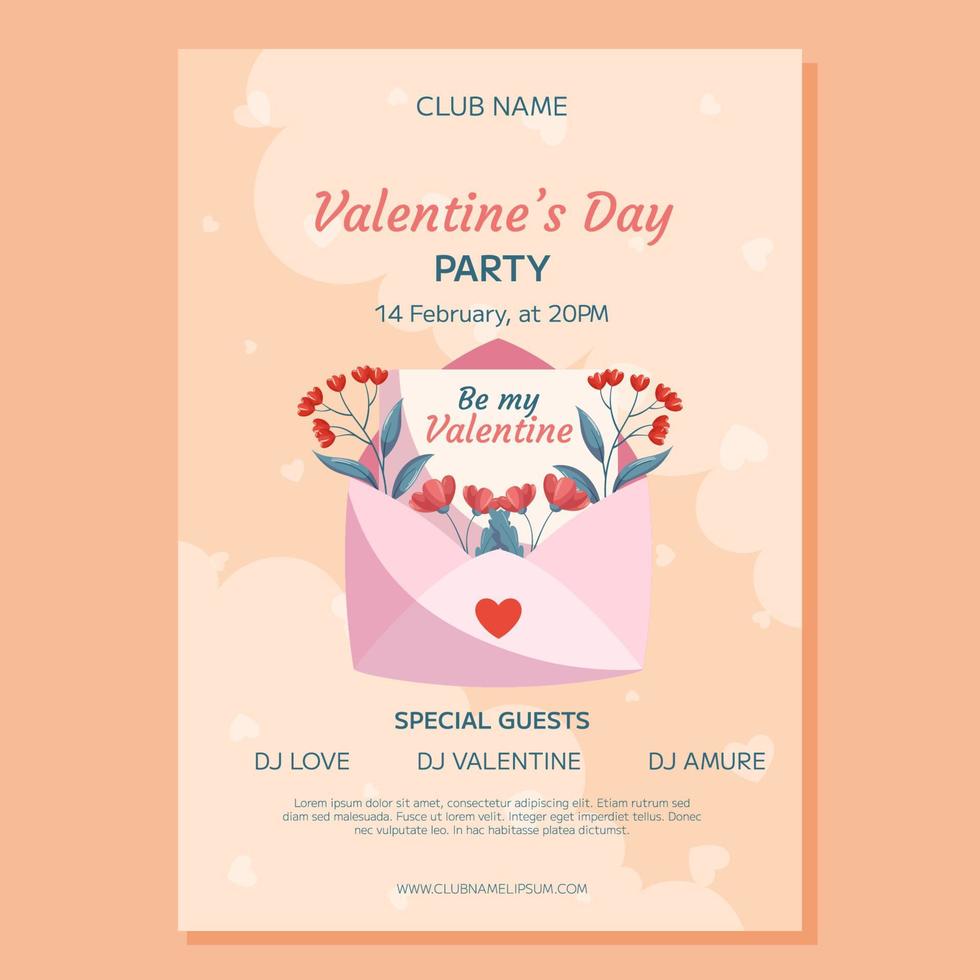 diseño de plantilla de afiche de fiesta de san valentín. sobre abierto rosa, palabras con letras te amo flores rojas hojas verdes telón de fondo beige. invitación de evento para club nubes decorativas corazones vector