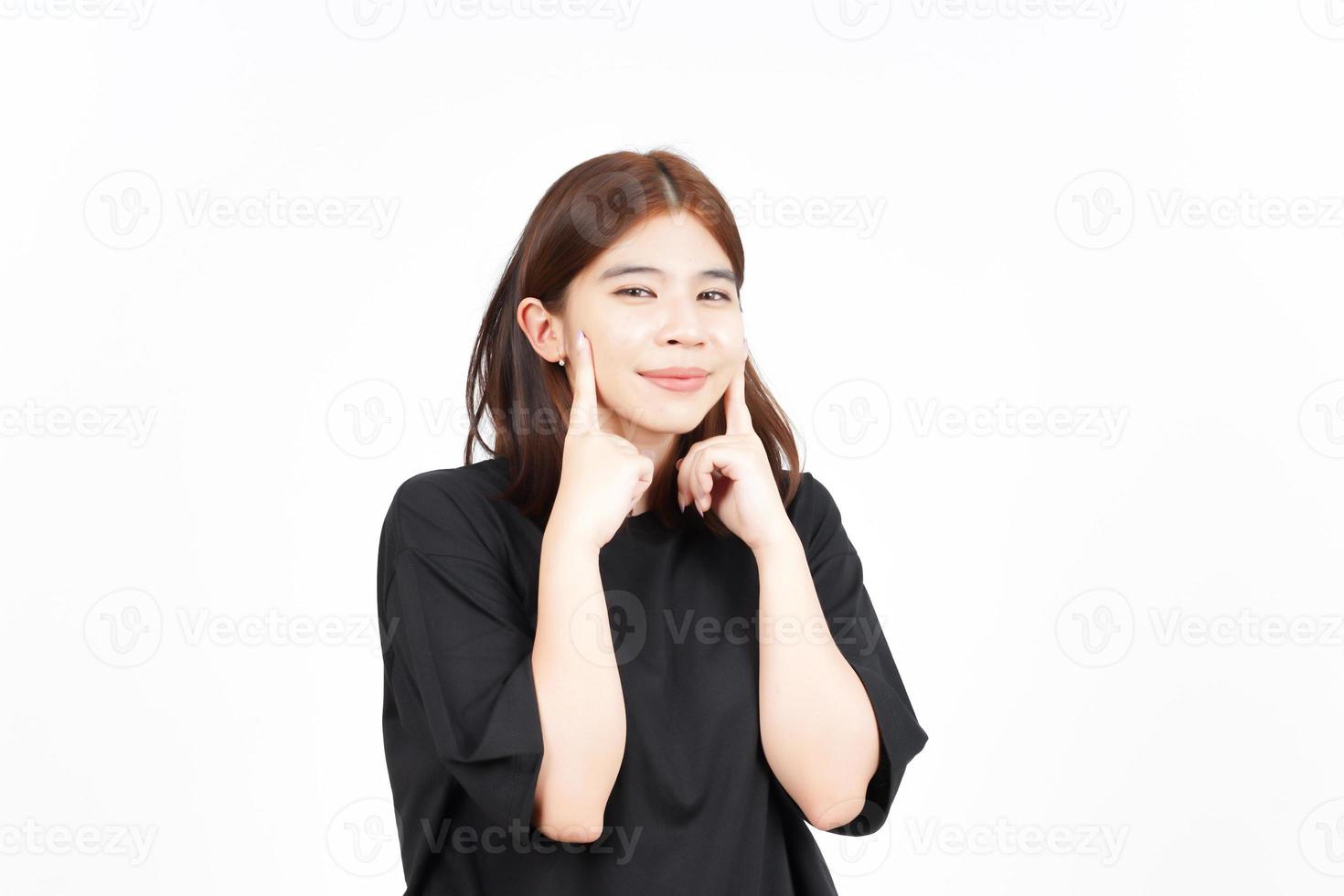 Smiling touch cheek and looking at camera Of Beautiful Asian Woman Isolated On White Background photo