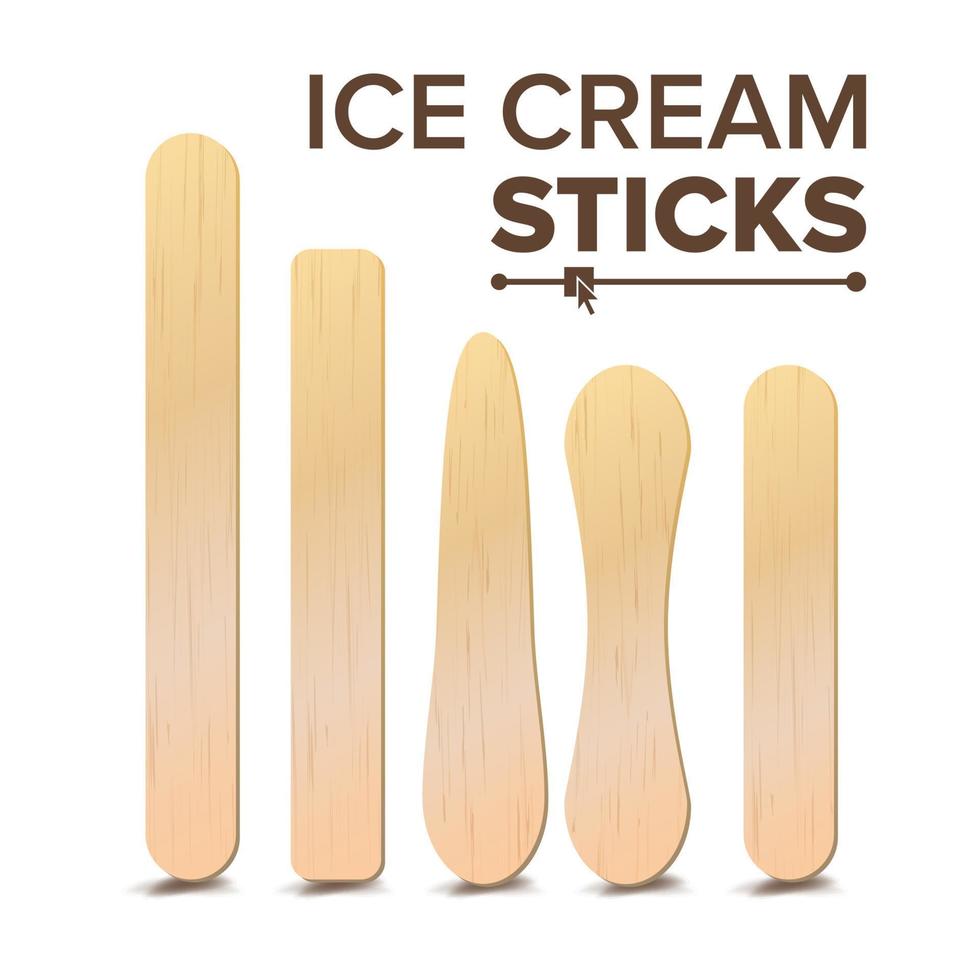 Ice Cream Sticks Set Vector. Different Types. Wooden Stick For Ice cream, Medical Tongue Depressor. Isolated On White Background Illustration vector