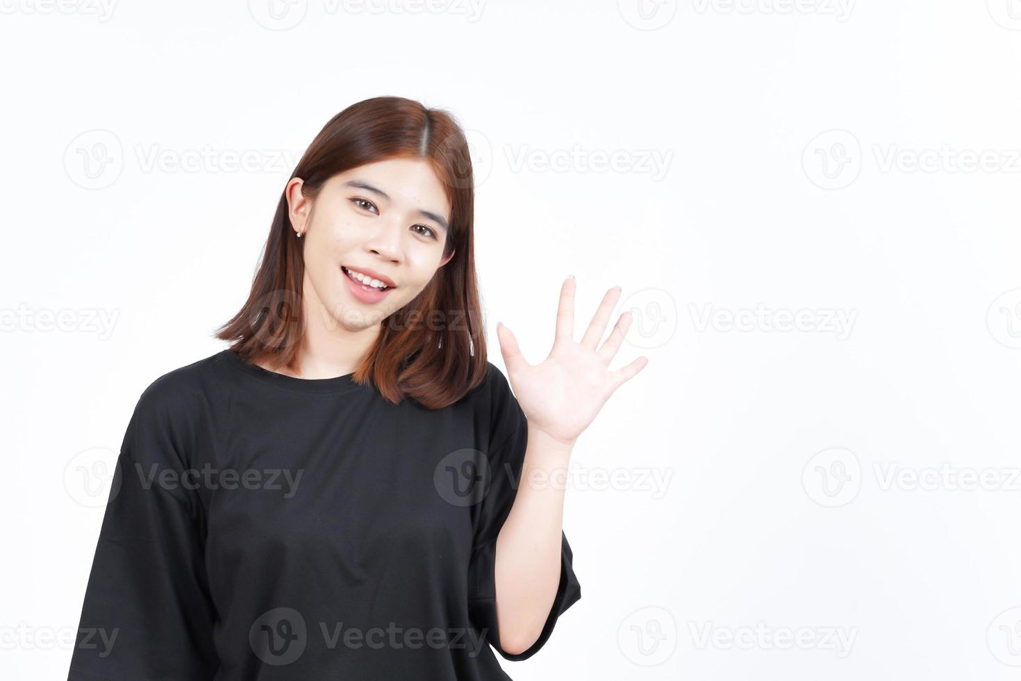 Hi Greeting or Waving at Camera Of Beautiful Asian Woman Isolated On White Background photo