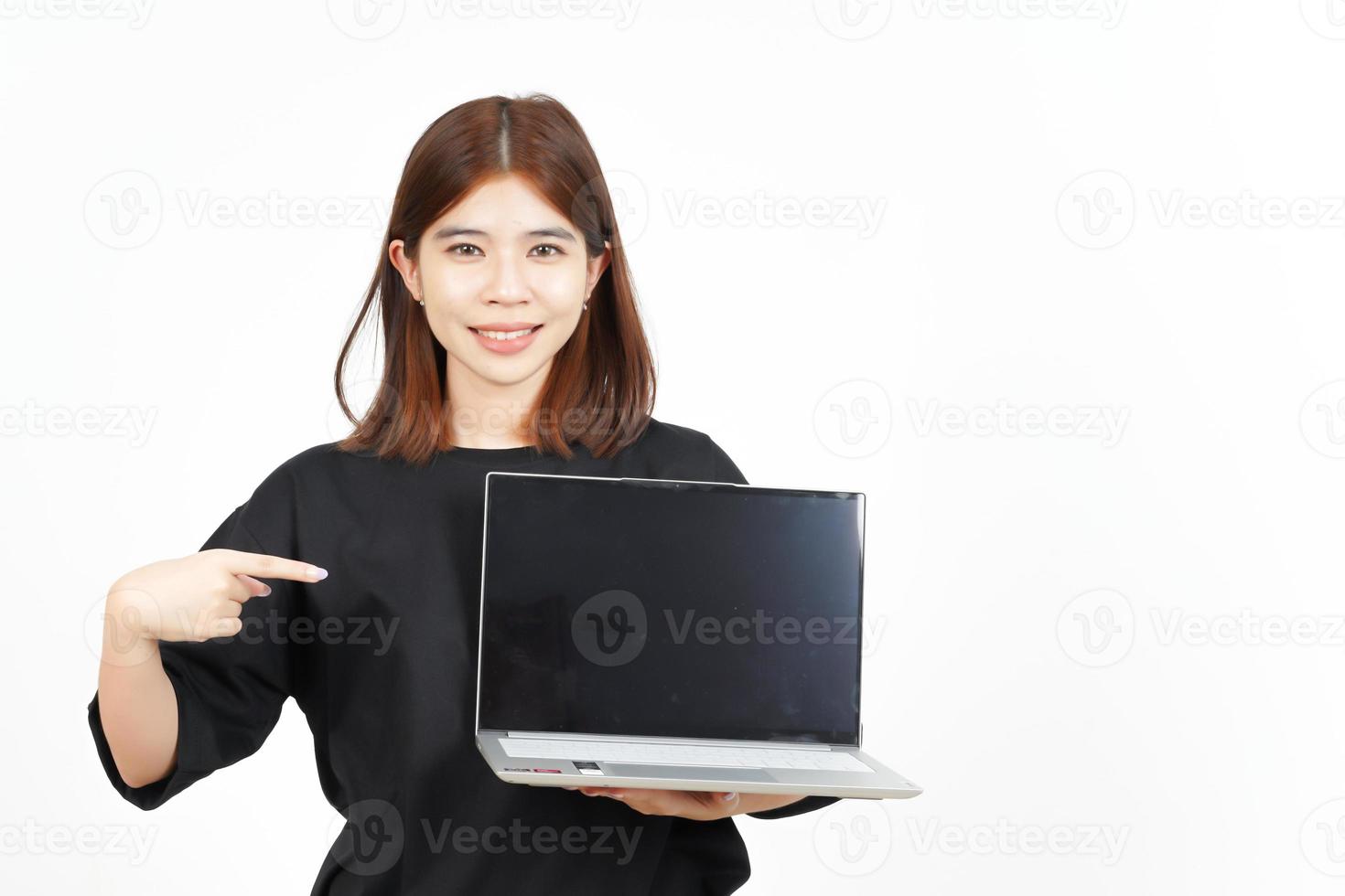 Showing Apps or Ads On Laptop Blank Screen Of Beautiful Asian Woman Isolated On White Background photo