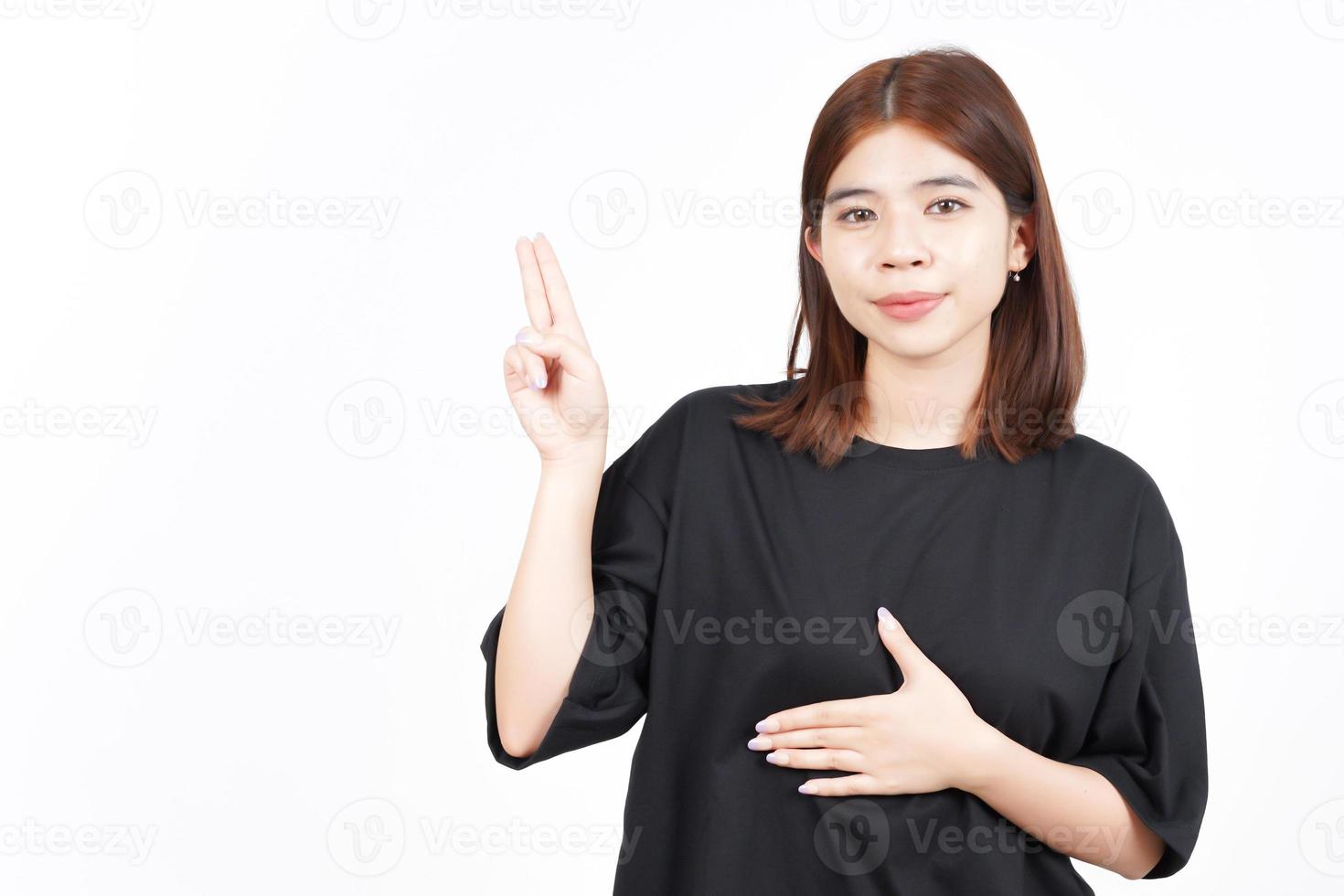 Swearing gesture Of Beautiful Asian Woman Isolated On White Background photo