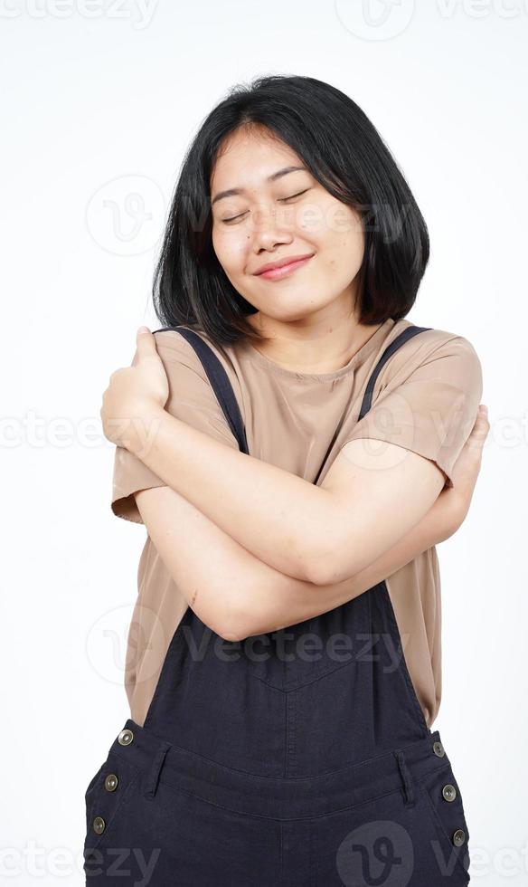 Grateful and Self Love Gesture Of Beautiful Asian Woman Isolated On White Background photo