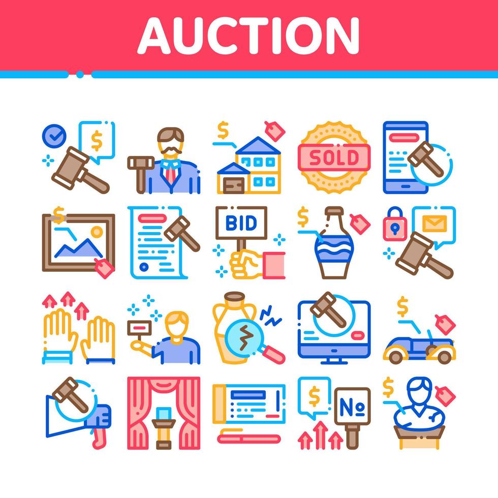 Auction Buying And Selling Goods Icons Set Vector