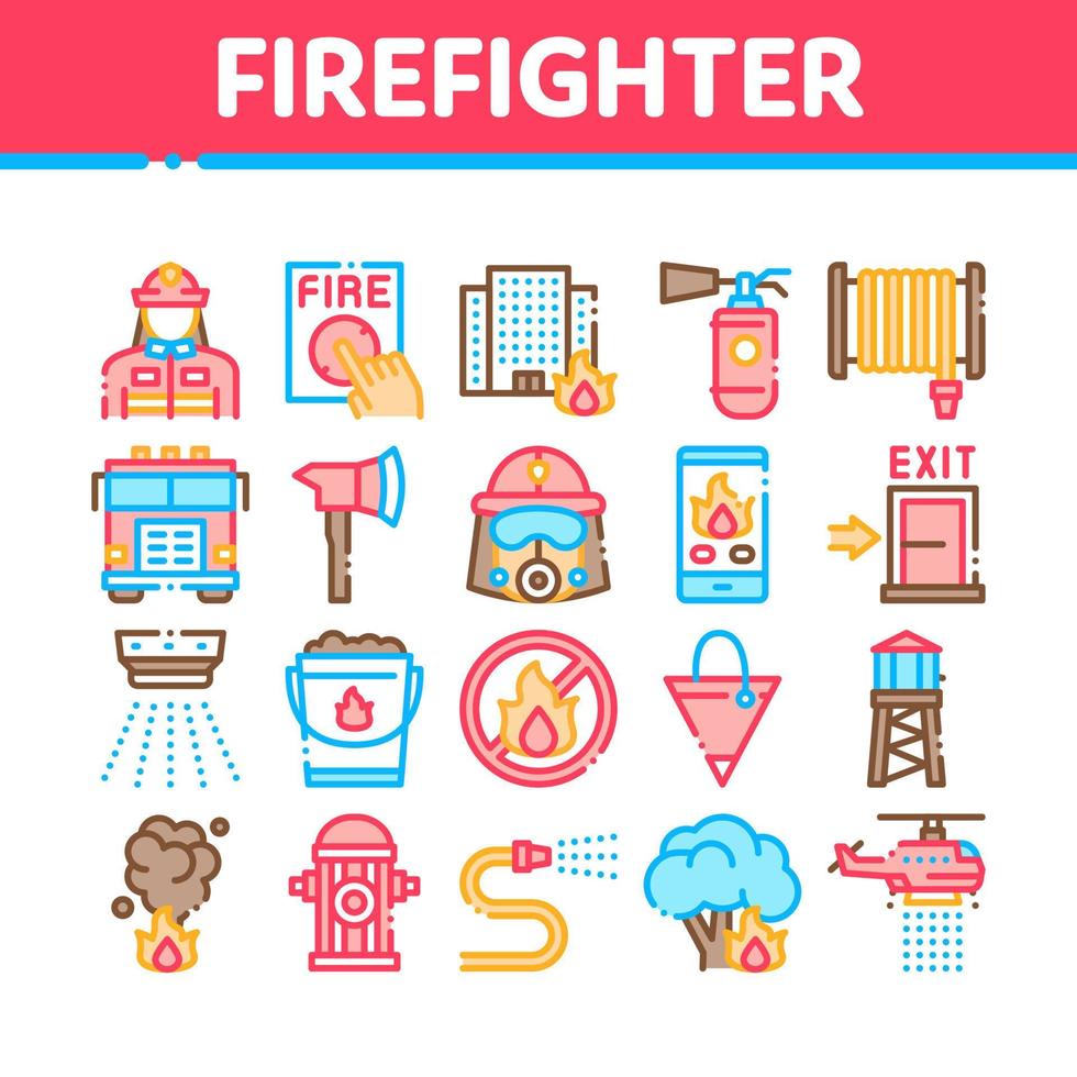 Firefighter Equipment Collection Icons Set Vector