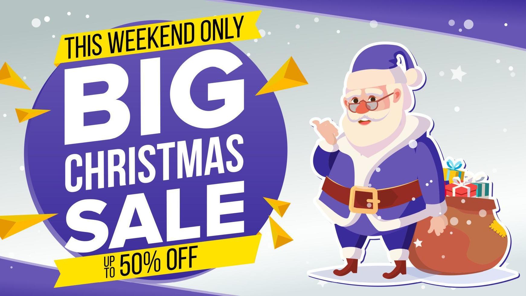 Christmas Sale Banner With Classic Santa Claus Vector. Advertising Design Illustration. Design For Xmas Party Poster, Brochure, Card, Shop Discount Advertising. vector