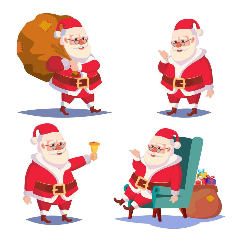 santa claus establece vector aislado. personaje navideño de dibujos animados. traje rojo clásico. bueno para volante, tarjeta, afiche, decoración, diseño publicitario. ilustración de elemento de diseño de navidad