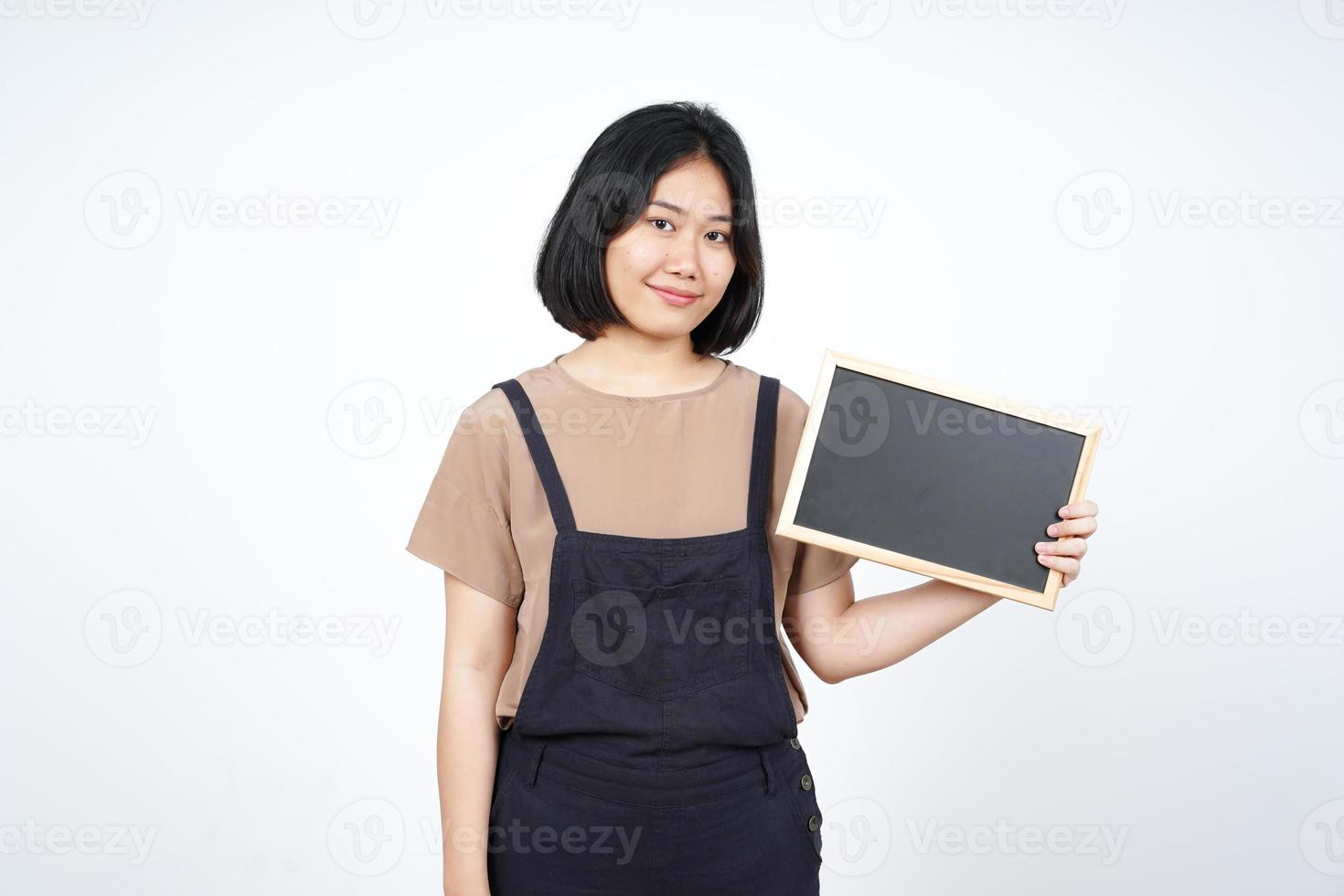 Showing, Presenting and holding Blank Blackboard of Beautiful Asian Woman Isolated On White photo