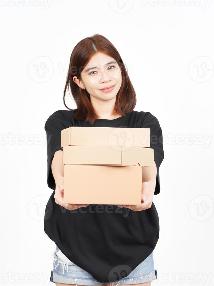 Holding Package Box or Cardboard Box Of Beautiful Asian Woman Isolated On White Background photo