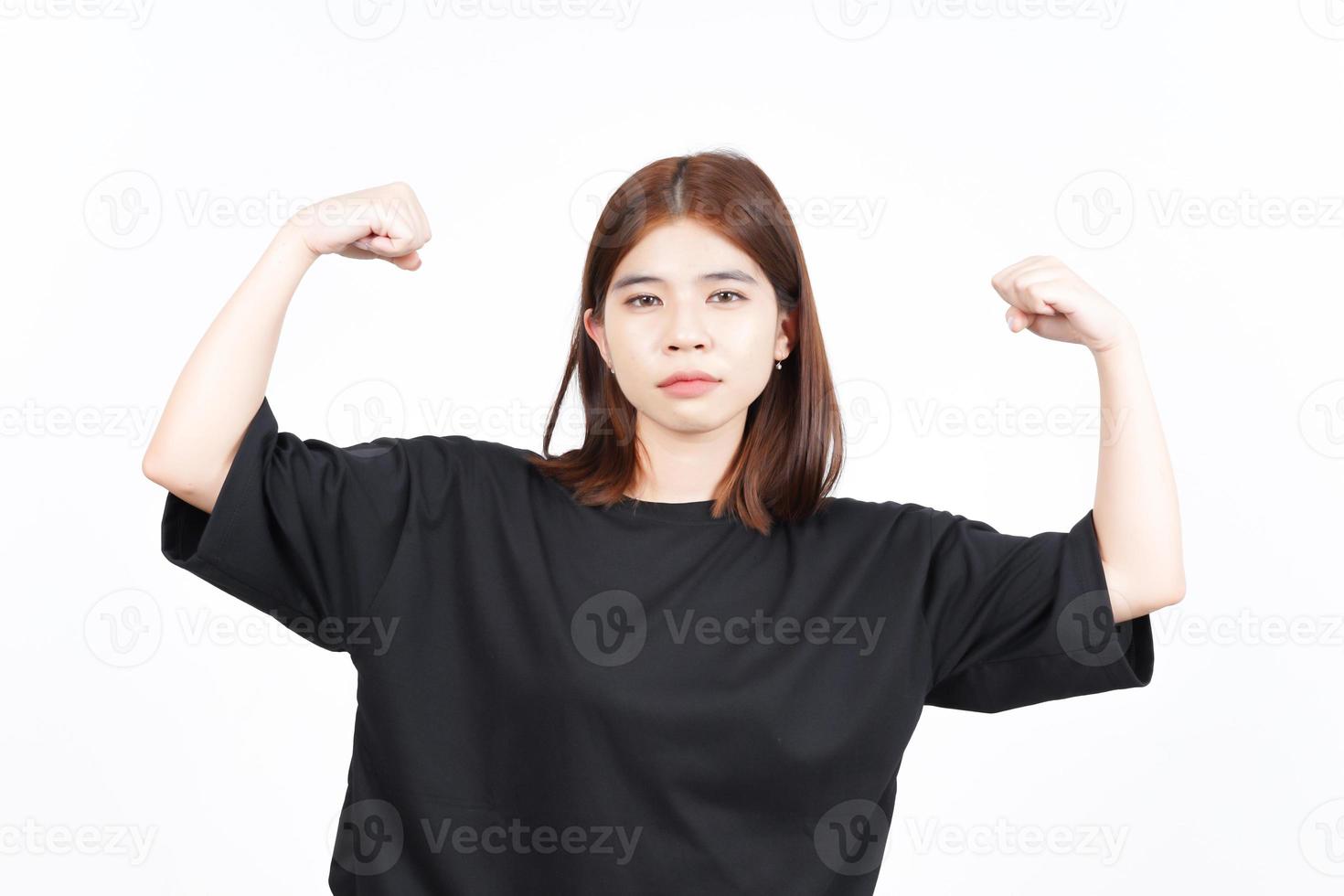 Showing strength and rise arms Of Beautiful Asian Woman Isolated On White Background photo