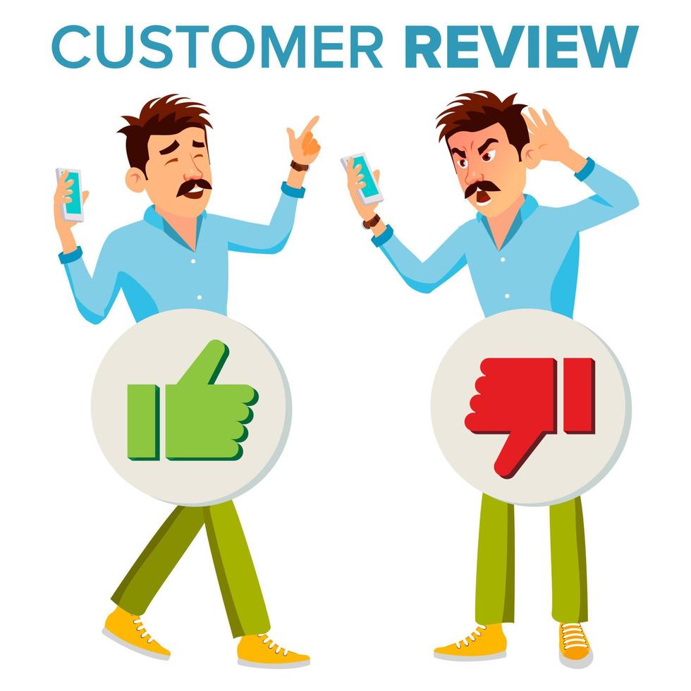 Customer Review Vector. Happy And Unhappy Man. Good And Bad Customer Client Feedback. Shop Quality Work. Isolated Flat Cartoon Character Illustration vector