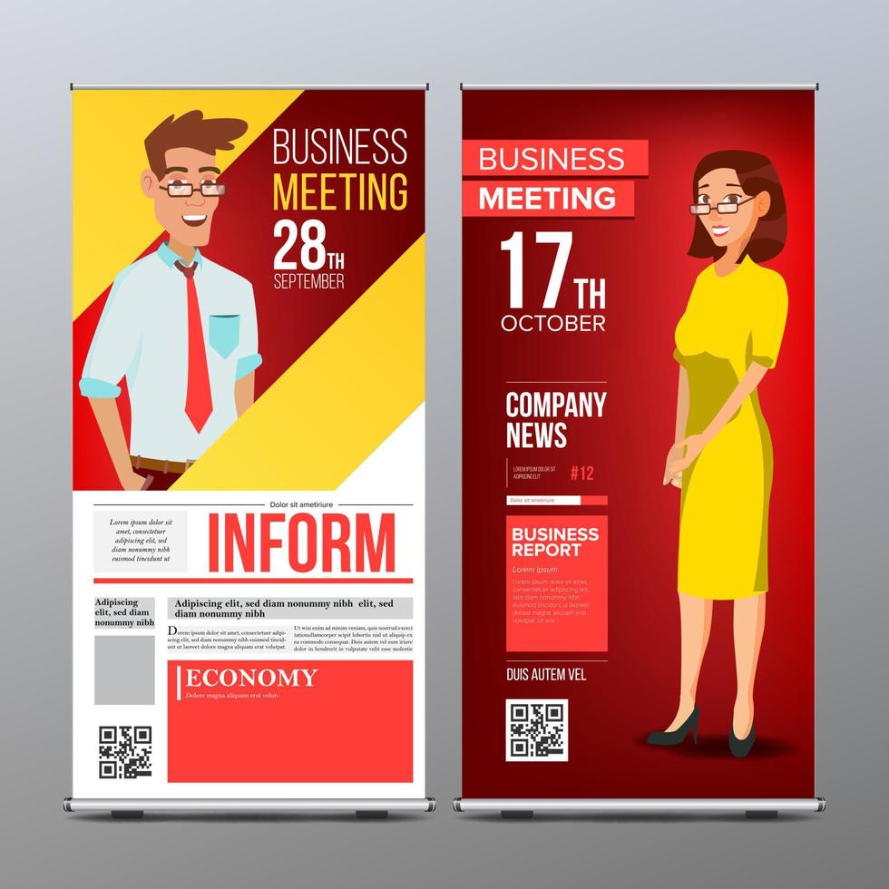 Roll Up Display Vector. Vertical Poster Template Layout. Businessman And Business Woman. Tech, Science. For Business Meeting. Advertising Concept. Red, Yellow. Business Cartoon Illustration vector