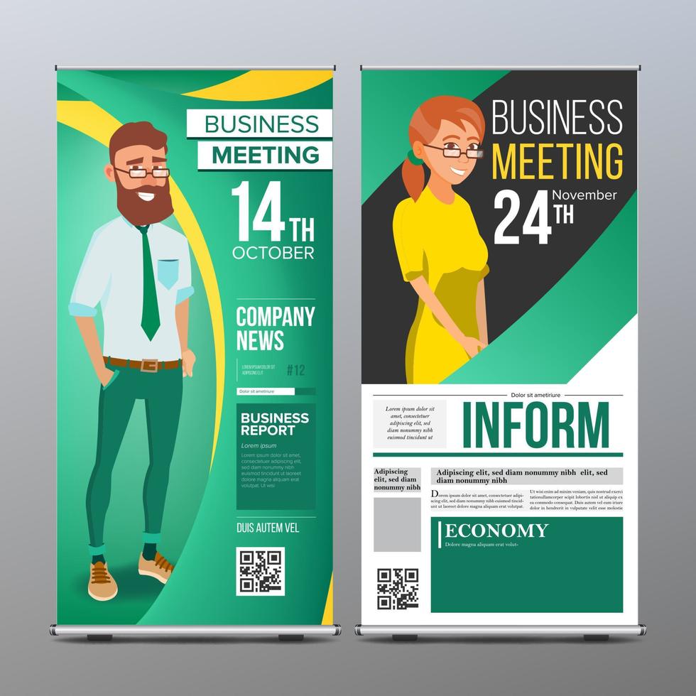 Roll Up Stand Vector. Vertical Flag Blank Design. Businessman And Business Woman. For Business Conference. Invitation Concept. Green, Yellow. Modern Flat Illustration vector